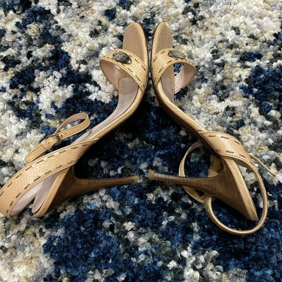 Fendi Women’s Size 38 1/2 US 8.5 Beige Tan Leather Stiletto Sandals Heels Strap - Picture 7 of 12